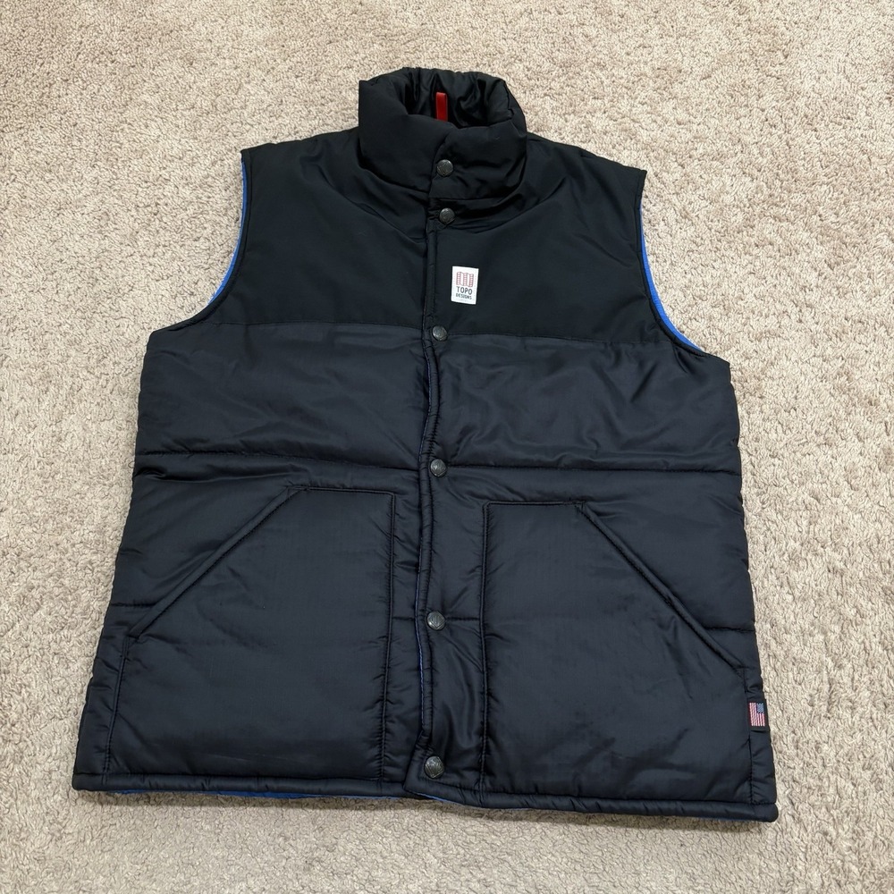 Topo Designs Puffer Vest Men's Small Black Snap Front Insulated Reversible USA